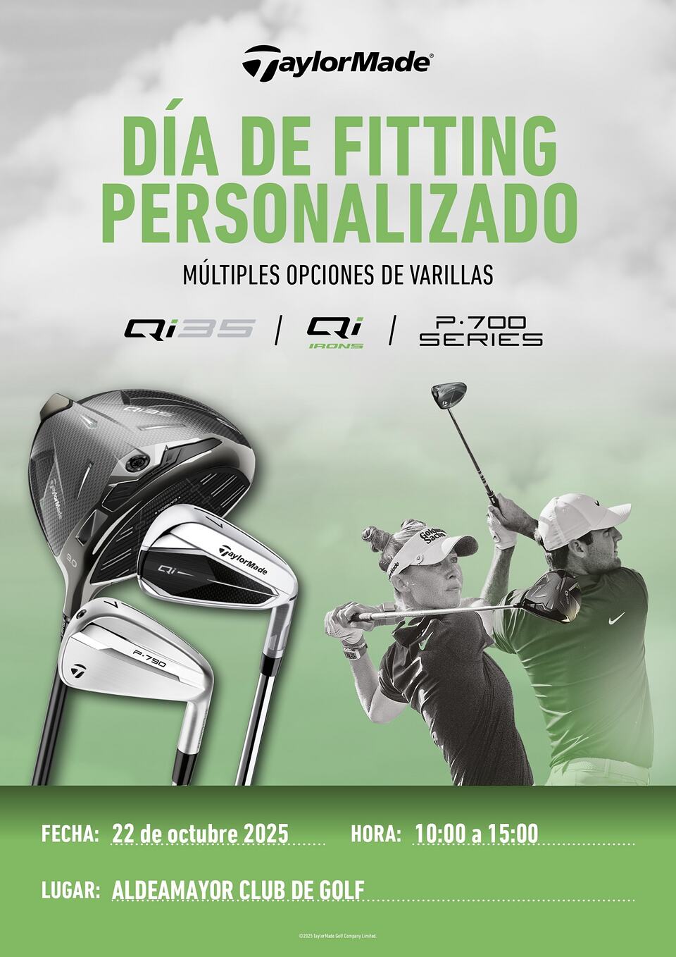 TaylorMade personalized club-fitting event poster with golf clubs and two golfers.