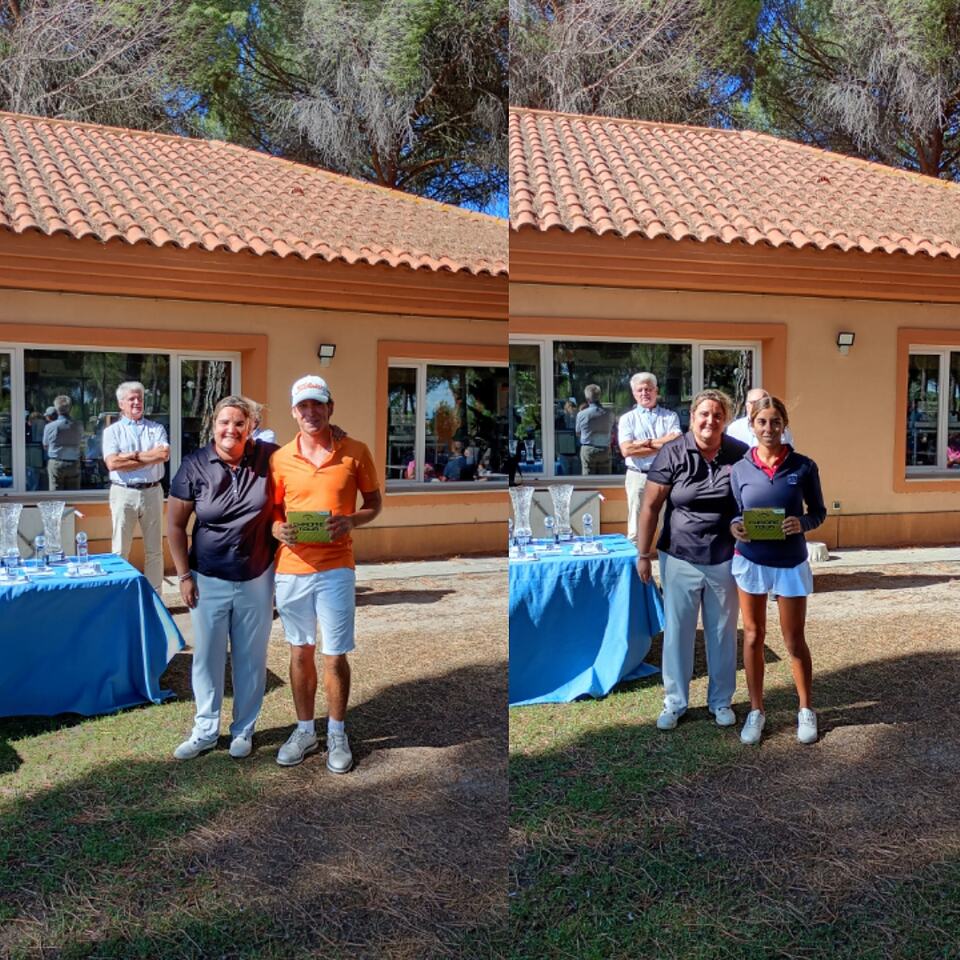 Golf tournament winners pose with awards beside the clubhouse at Aldeamayor Club de Golf.