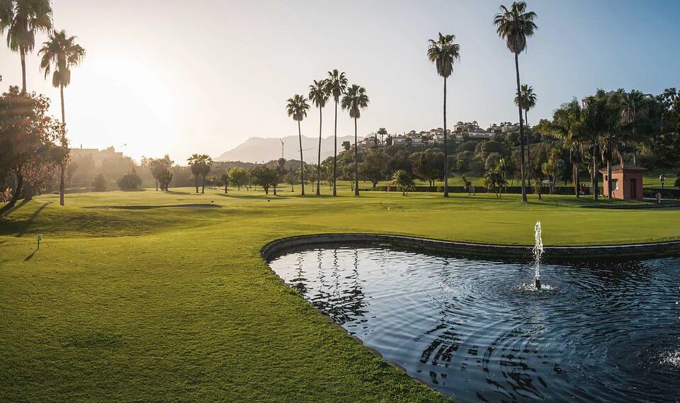 Golf course with a pond and fountain, palm trees and hills in the distance at sunset.