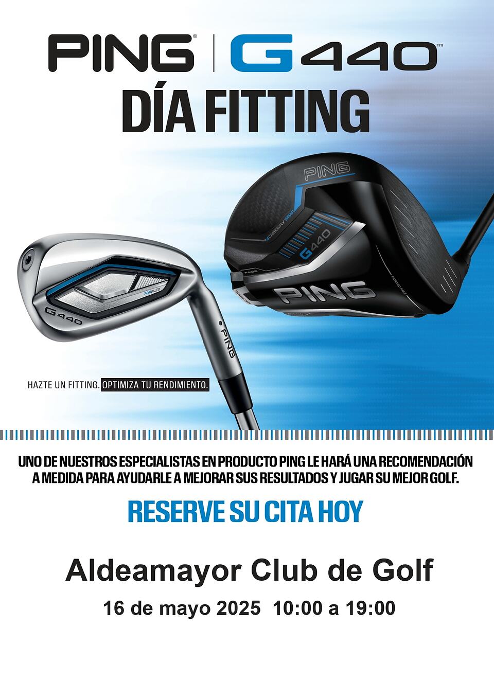 Ping G440 club-fitting event poster for Aldeamayor Club de Golf, dated May 16, 2025