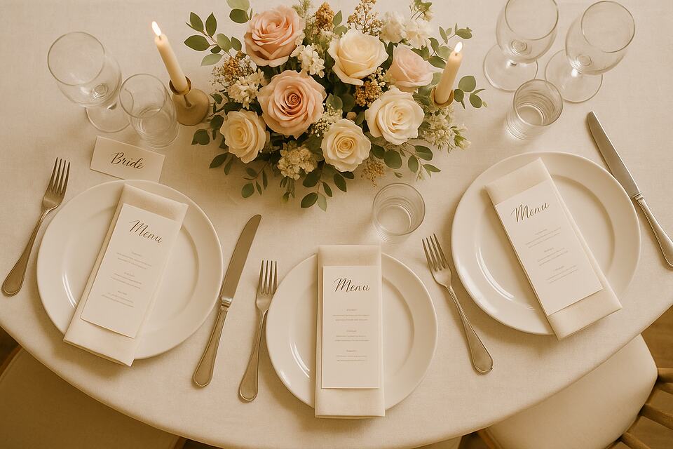 Wedding reception table set with menus, glassware, candles and a rose centerpiece