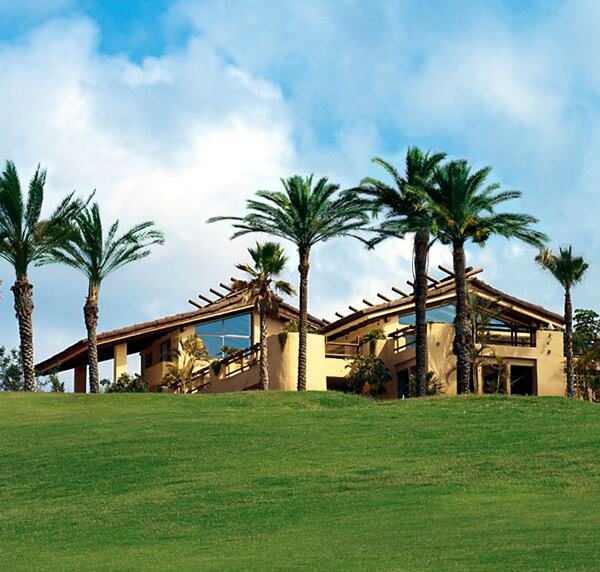 Abama Golf clubhouse with palm trees and a grassy slope in the foreground