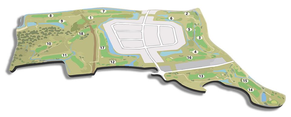 Illustrated layout of Aldeamayor Golf course with holes numbered 1 to 18