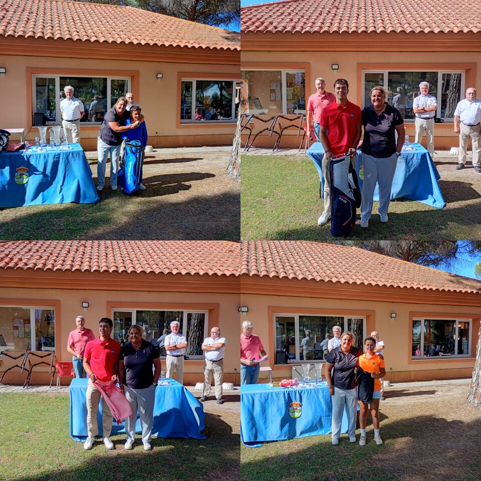 Ganadores del torneo de golf posan con miembros del club frente a la casa club