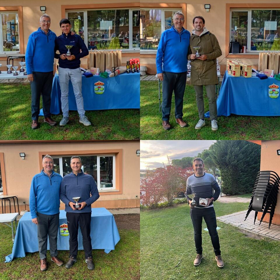 Golf tournament winners pose with trophies in a four-photo collage at Aldeamayor Club de Golf.