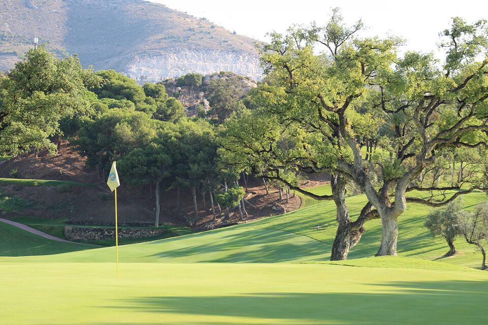 Golf Torrequebrada's second green with a flag, mature trees and a mountain backdrop