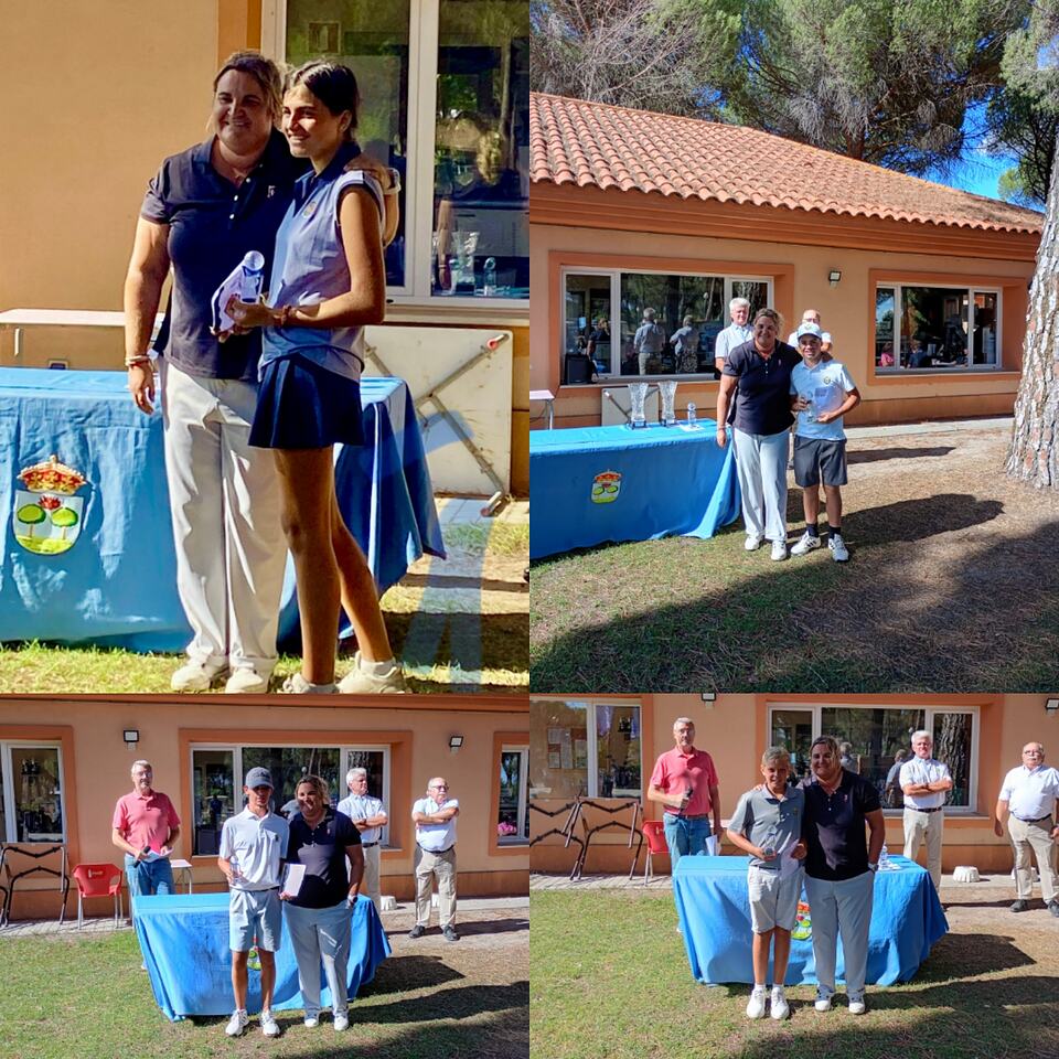 Collage of golf tournament winners receiving awards outside the clubhouse.
