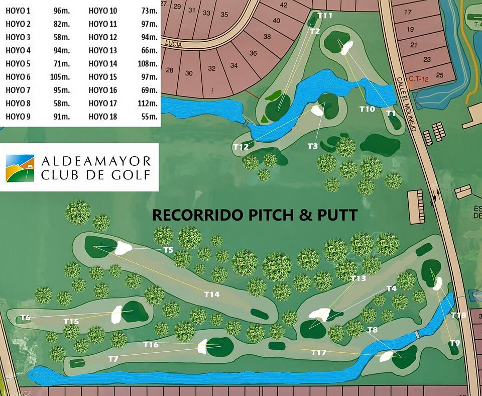Pitch-and-putt course layout with hole distances and the Aldeamayor Club de Golf logo