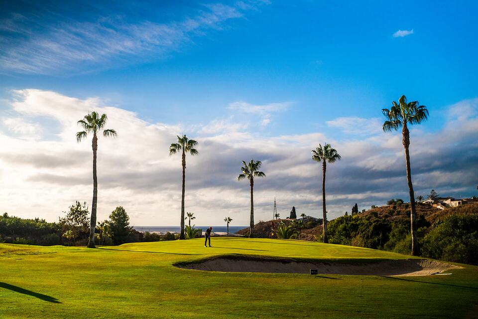 Golfer on a green with palm trees and the sea in the distance at Baviera Golf