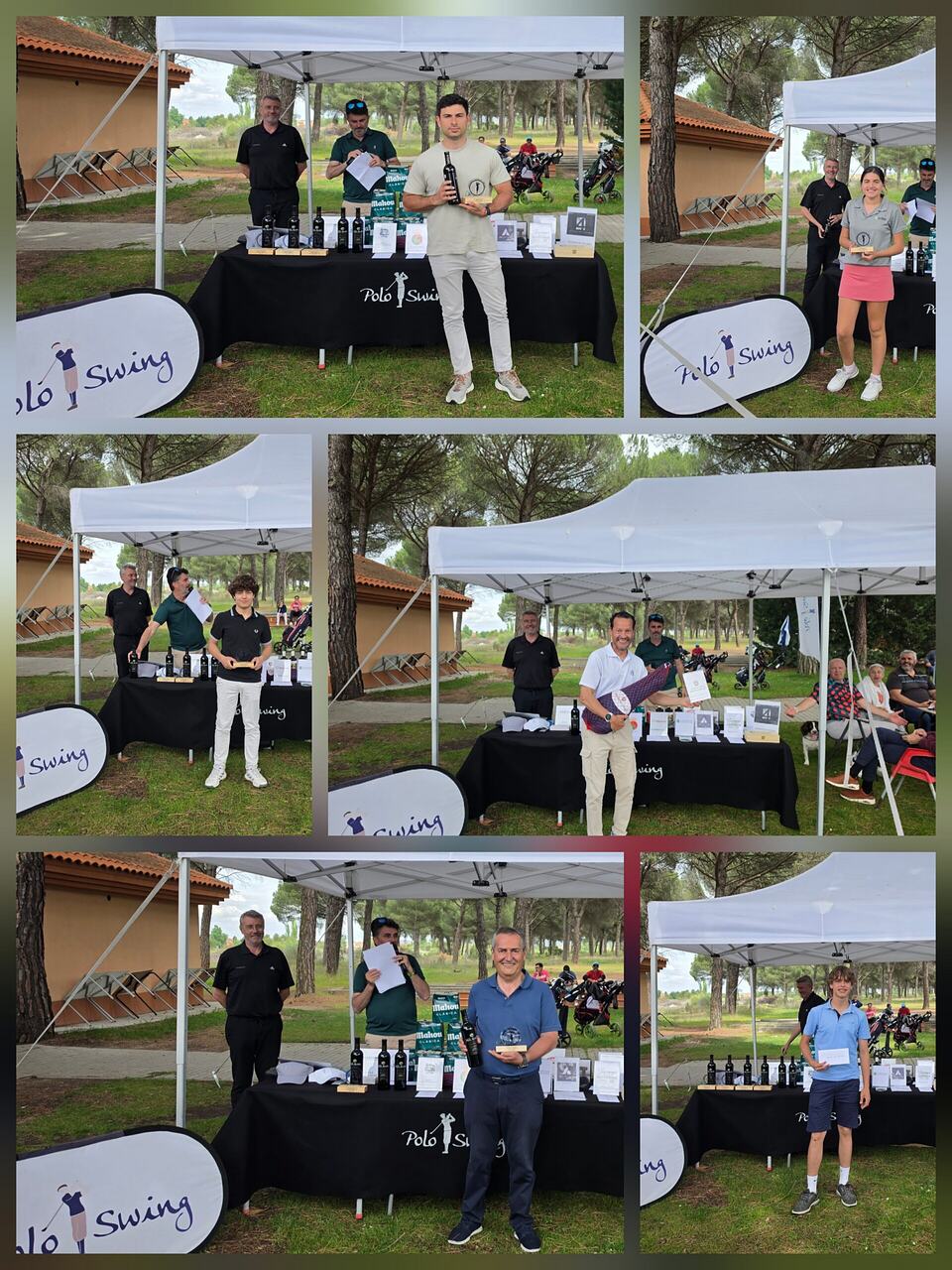 Award presentations at an outdoor golf event beneath a canopy, with participants posing beside a prize table.